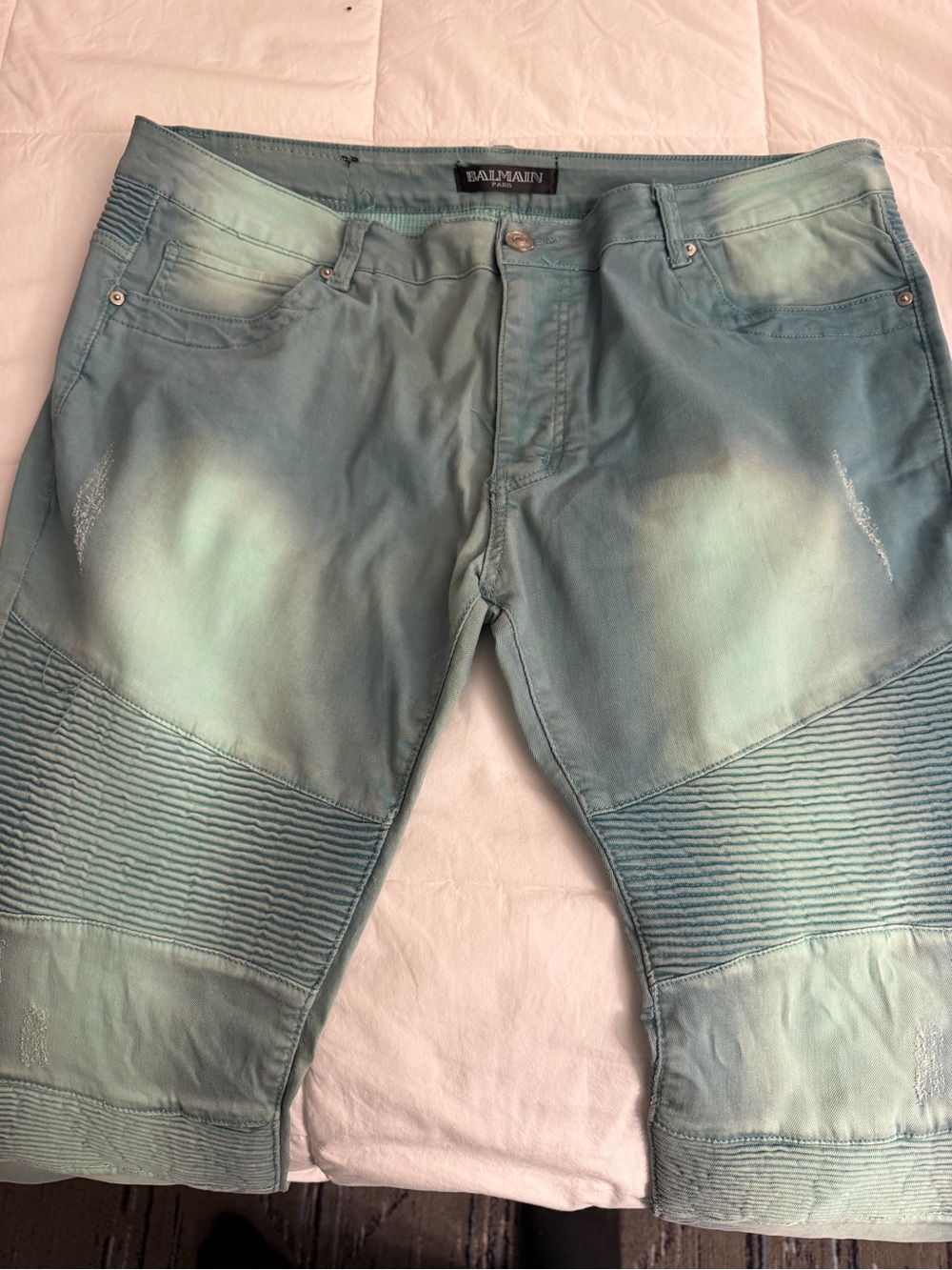 Balmain Pale Aqua Ribbed Biker Jeans
